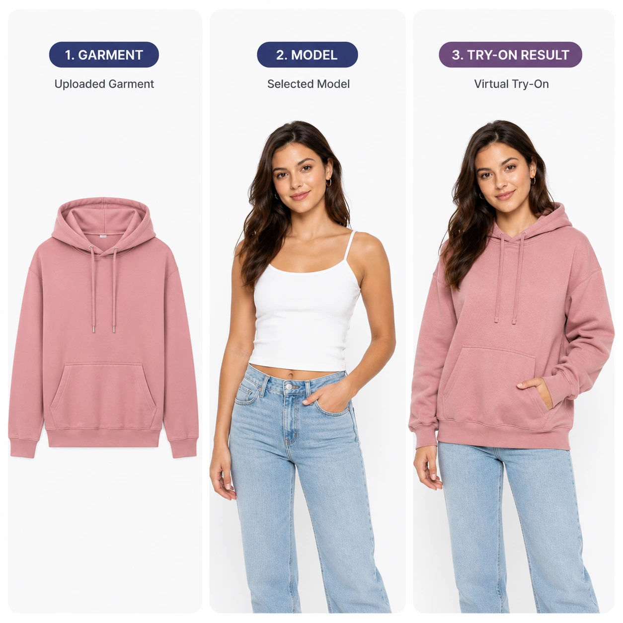 AI virtual try-on showing clothing fit on a female model